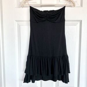 Black Ruffle Ruched Smocked Knit Strapless Dress